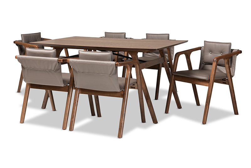 Alayna Mid-Century Modern Gray Imitation Leather Upholstered and Walnut Brown Finished Wood 7-Piece Dining Set