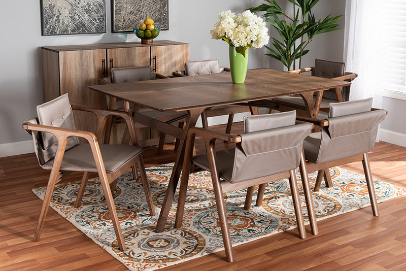 Alayna Mid-Century Modern Gray Imitation Leather Upholstered and Walnut Brown Finished Wood 7-Piece Dining Set