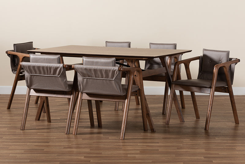 Alayna Mid-Century Modern Gray Imitation Leather Upholstered and Walnut Brown Finished Wood 7-Piece Dining Set