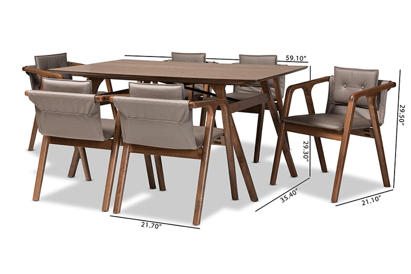 Alayna Mid-Century Modern Gray Imitation Leather Upholstered and Walnut Brown Finished Wood 7-Piece Dining Set