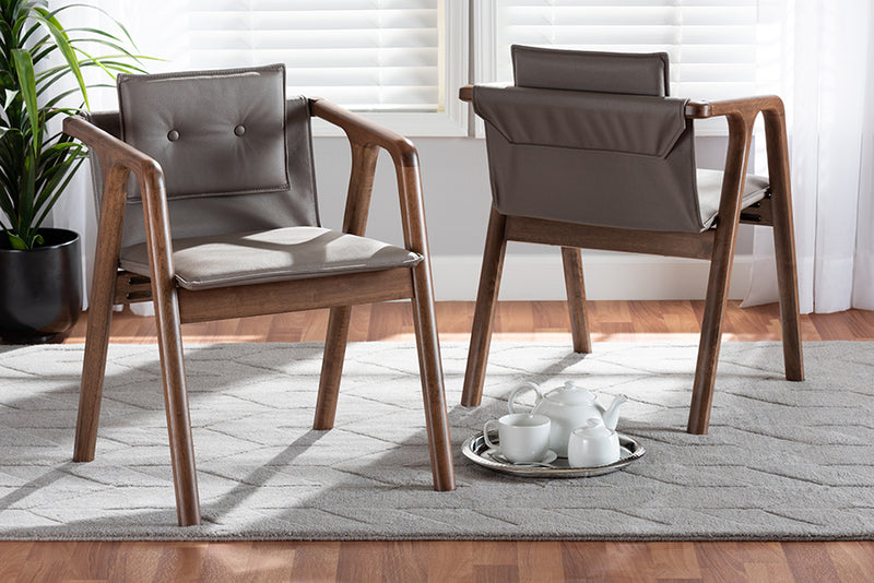 Alayna Mid-Century Modern Gray Imitation Leather Upholstered and Walnut Brown Finished Wood 2-Piece Dining Chair Set