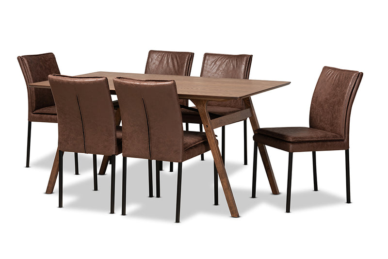 Farah Modern and Contemporary Distressed Brown Fabric Upholstered and Black Finished Metal w/Walnut Brown Finished Wood 7-Piece Dining Set