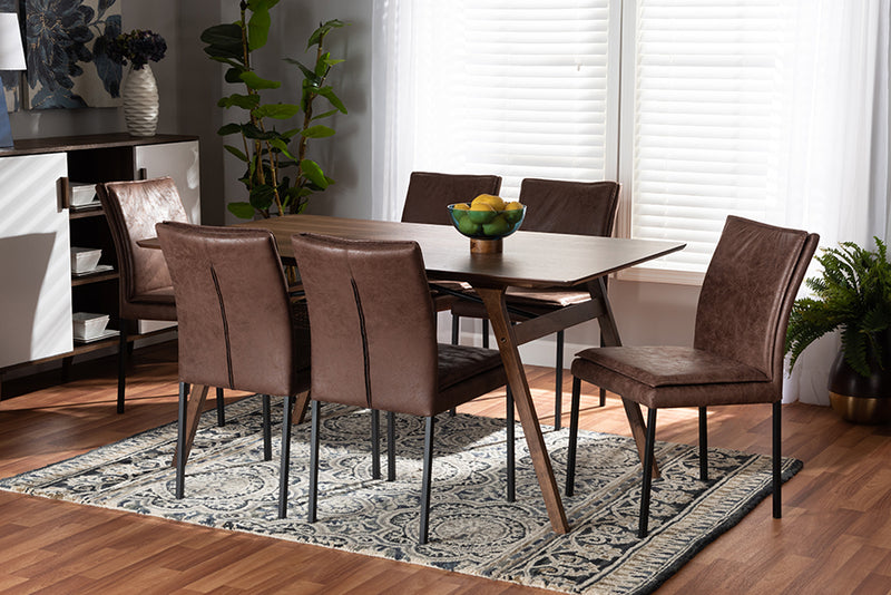 Farah Modern and Contemporary Distressed Brown Fabric Upholstered and Black Finished Metal w/Walnut Brown Finished Wood 7-Piece Dining Set