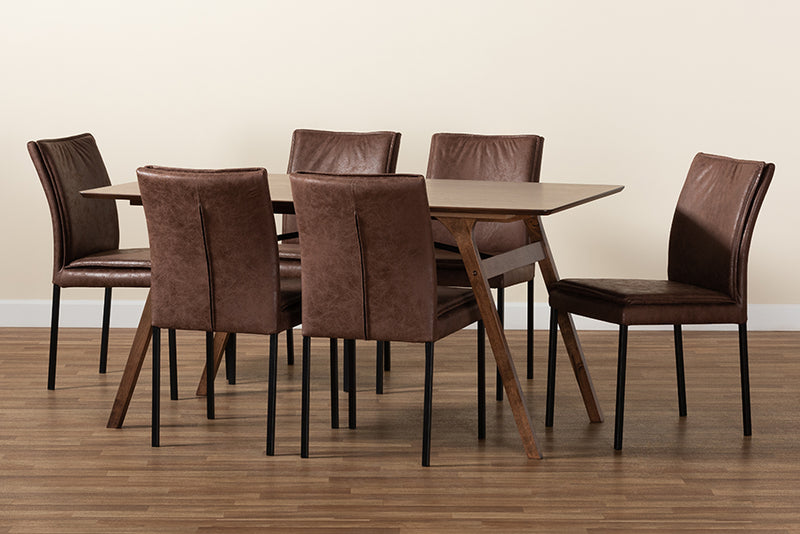 Farah Modern and Contemporary Distressed Brown Fabric Upholstered and Black Finished Metal w/Walnut Brown Finished Wood 7-Piece Dining Set