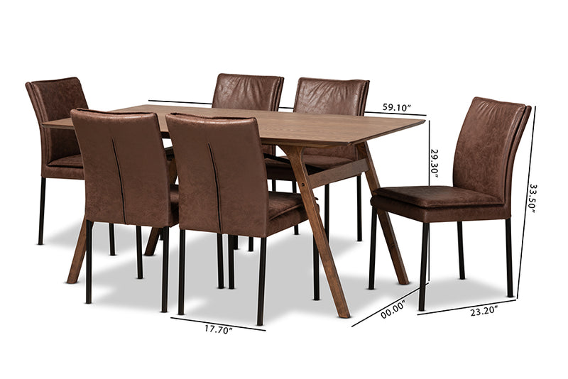 Farah Modern and Contemporary Distressed Brown Fabric Upholstered and Black Finished Metal w/Walnut Brown Finished Wood 7-Piece Dining Set