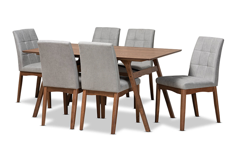 Mitchell Mid-Century Modern Light Gray Fabric Upholstered and Walnut Brown Finished Wood 7-Piece Dining Set