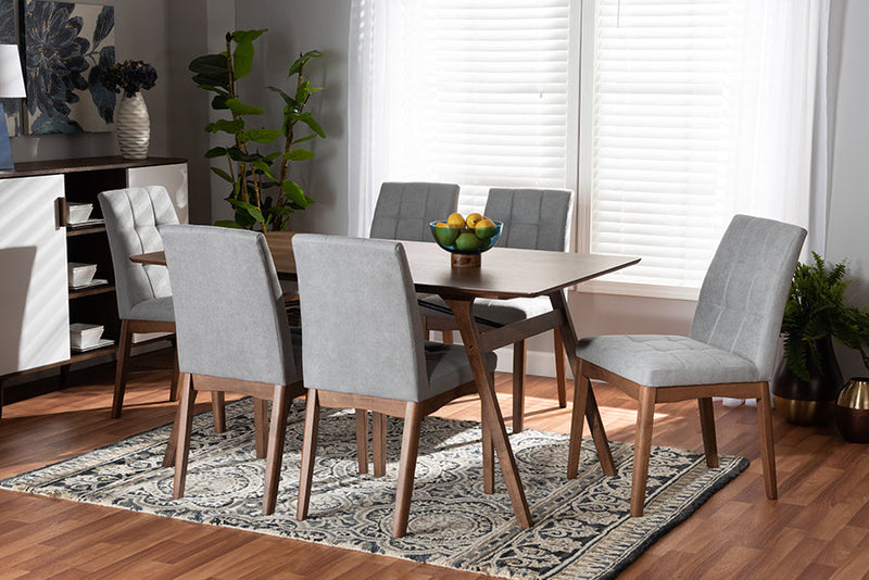 Mitchell Light Gray Fabric Upholstered and Walnut Brown 7-Piece Dining Set Baxton