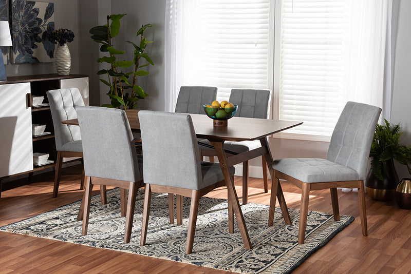 Mitchell Mid-Century Modern Light Gray Fabric Upholstered and Walnut Brown Finished Wood 7-Piece Dining Set