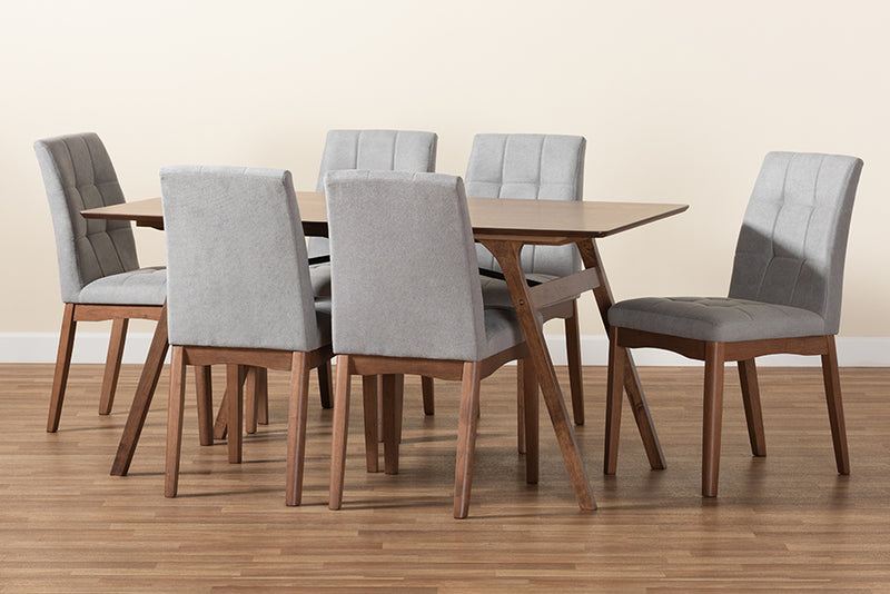 Mitchell Mid-Century Modern Light Gray Fabric Upholstered and Walnut Brown Finished Wood 7-Piece Dining Set