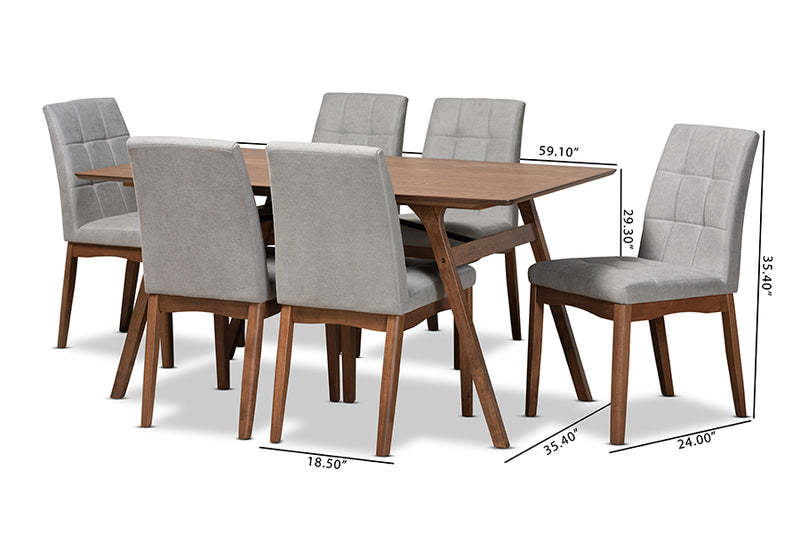 Mitchell Mid-Century Modern Light Gray Fabric Upholstered and Walnut Brown Finished Wood 7-Piece Dining Set