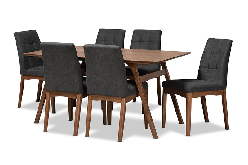 Mitchell Mid-Century Modern Dark Gray Fabric Upholstered and Walnut Brown Finished Wood 7-Piece Dining Set