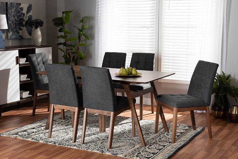 Mitchell Mid-Century Modern Dark Gray Fabric Upholstered and Walnut Brown Finished Wood 7-Piece Dining Set