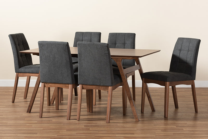 Mitchell Mid-Century Modern Dark Gray Fabric Upholstered and Walnut Brown Finished Wood 7-Piece Dining Set