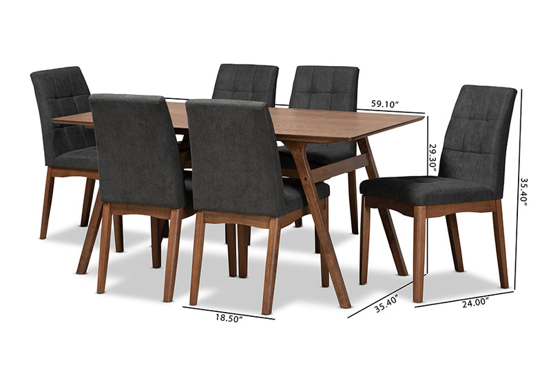 Mitchell Mid-Century Modern Dark Gray Fabric Upholstered and Walnut Brown Finished Wood 7-Piece Dining Set