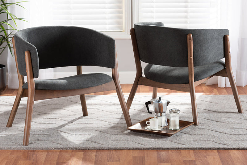 Nori Dark Gray Fabric Walnut Brown 2Pc Living Room Accent Chair Set Baxton
