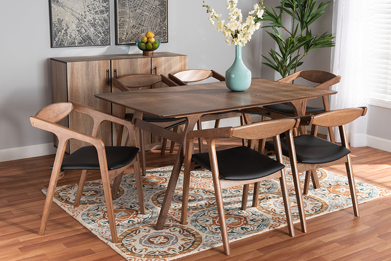 Beasley Mid-Century Modern Black Faux Leather Upholstered and Walnut Brown Finished Wood 7-Piece Dining Set