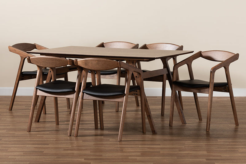 Beasley Black Faux Leather Upholstered and Walnut Brown 7-Piece Dining Set Baxton
