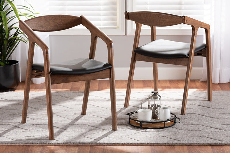 Beasley Black Faux Leather Walnut Brown 2Pc Dining Chair Set Baxton