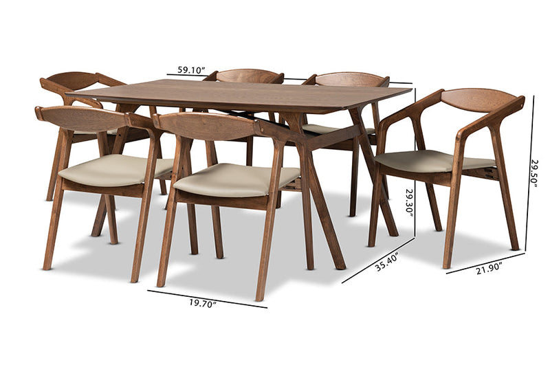 Beasley Gray Faux Leather Upholstered and Walnut Brown 7-Piece Dining Set Baxton