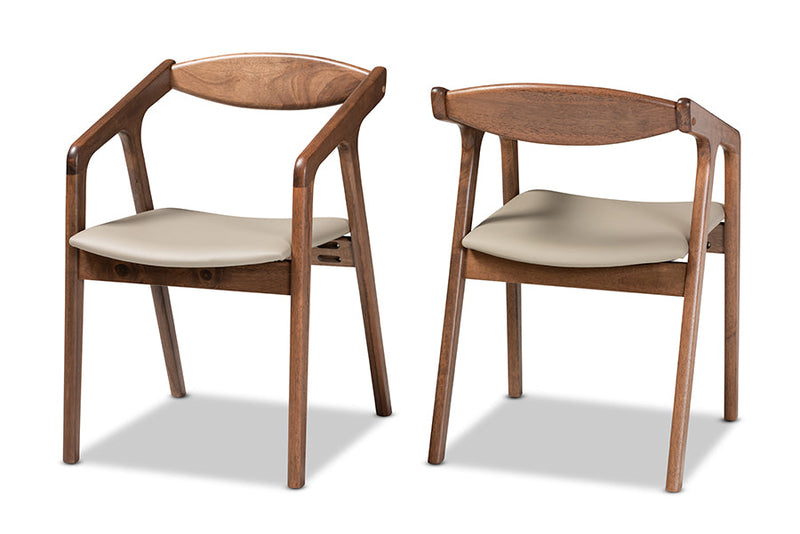 Beasley Gray Faux Leather Walnut Brown 2Pc Dining Chair Set Baxton