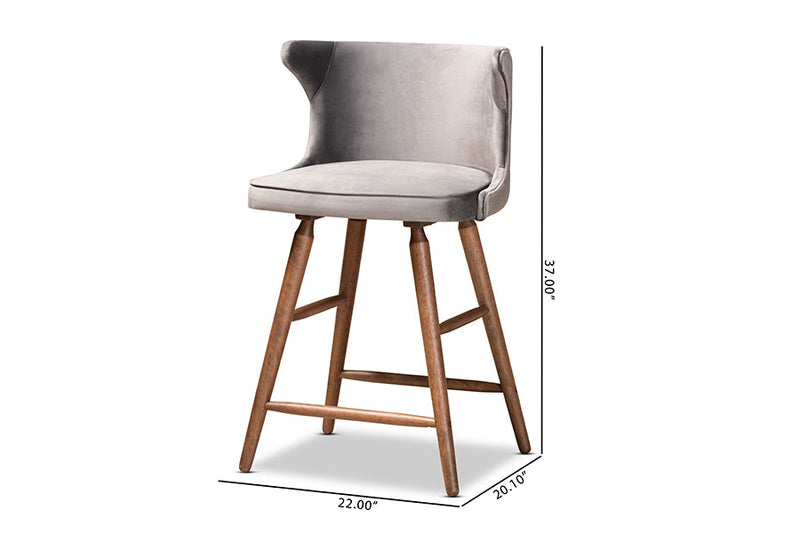 Sibu Gray Velvet Fabric Upholstered and Walnut Brown 2Pc Counter Stool Set Baxton