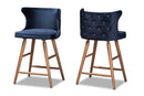 Sibu Navy Blue Velvet Fabric Walnut Brown 2Pc Counter Stool Set Baxton