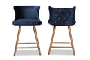 Sibu Navy Blue Velvet Fabric Walnut Brown 2Pc Counter Stool Set Baxton