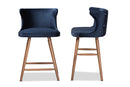 Sibu Navy Blue Velvet Fabric Walnut Brown 2Pc Counter Stool Set Baxton