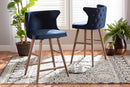Sibu Navy Blue Velvet Fabric Walnut Brown 2Pc Counter Stool Set Baxton