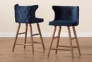 Sibu Navy Blue Velvet Fabric Walnut Brown 2Pc Counter Stool Set Baxton