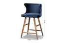 Sibu Navy Blue Velvet Fabric Walnut Brown 2Pc Counter Stool Set Baxton