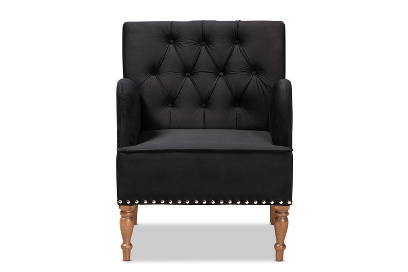 Benson Black Velvet Upholstered and Walnut Brown Armchair Baxton