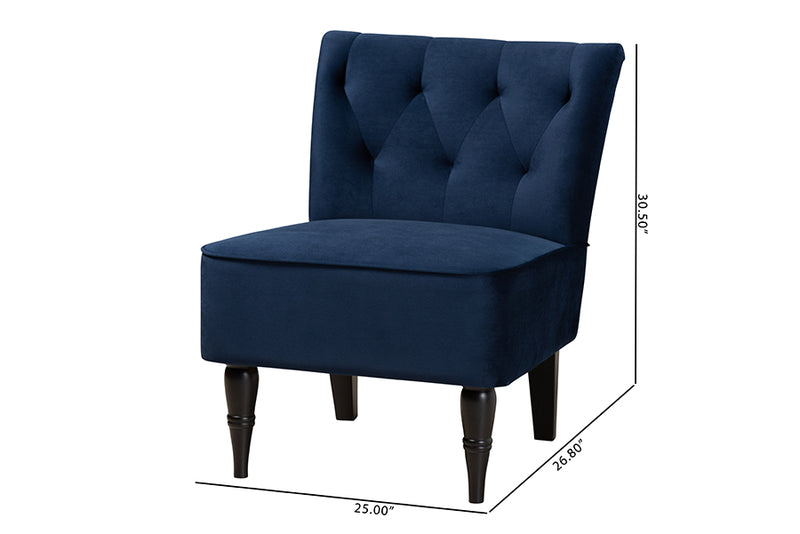 Sabrina Modern and Contemporary Navy Blue Velvet Fabric Upholstered and Black Finished Wood Accent Chair