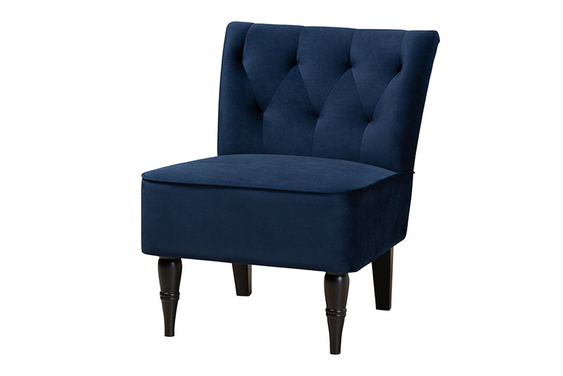 Sabrina Modern and Contemporary Navy Blue Velvet Fabric Upholstered and Black Finished Wood Accent Chair