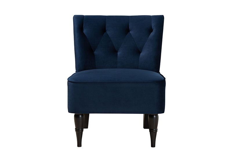 Sabrina Modern and Contemporary Navy Blue Velvet Fabric Upholstered and Black Finished Wood Accent Chair