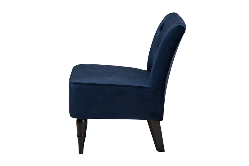 Sabrina Modern and Contemporary Navy Blue Velvet Fabric Upholstered and Black Finished Wood Accent Chair