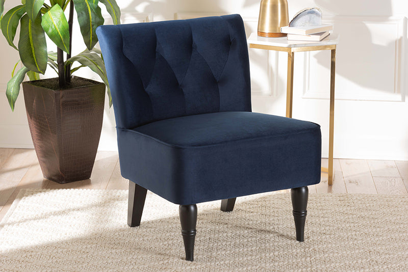 Sabrina Modern and Contemporary Navy Blue Velvet Fabric Upholstered and Black Finished Wood Accent Chair