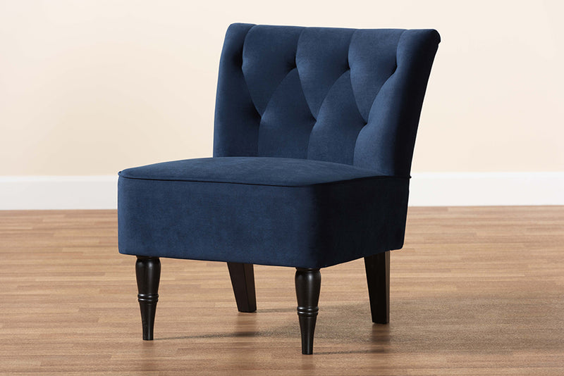 Sabrina Modern and Contemporary Navy Blue Velvet Fabric Upholstered and Black Finished Wood Accent Chair