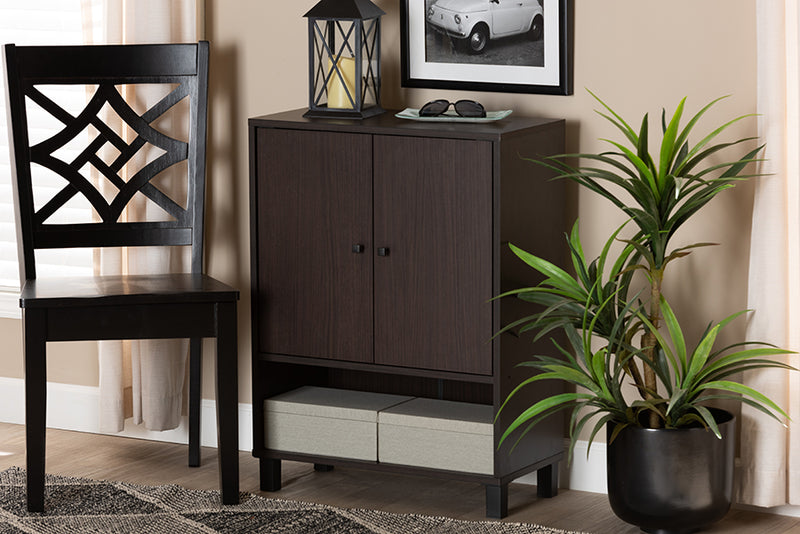 Sylvia Modern and Contemporary Dark Brown Finished Wood 2-Door Entryway Shoe Storage Cabinet w/Bottom Shelf