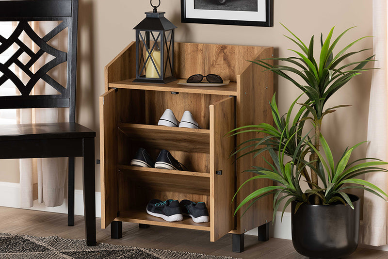 Sylvia Modern and Contemporary Oak Brown Finished Wood 2-Door Entryway Shoe Storage Cabinet w/Top Shelf