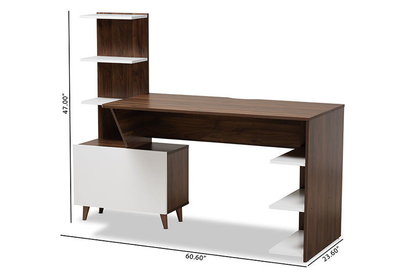 Kacela Mid-Century Modern Two-Tone White and Walnut Brown Finished Wood Storage Computer Desk w/Shelves