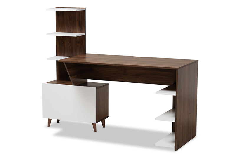 Kacela Mid-Century Modern Two-Tone White and Walnut Brown Finished Wood Storage Computer Desk w/Shelves