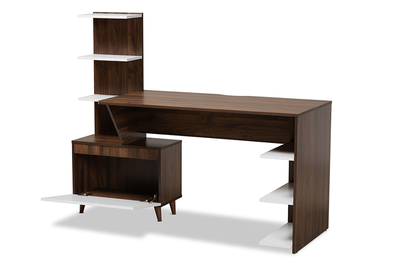 Kacela Mid-Century Modern Two-Tone White and Walnut Brown Finished Wood Storage Computer Desk w/Shelves