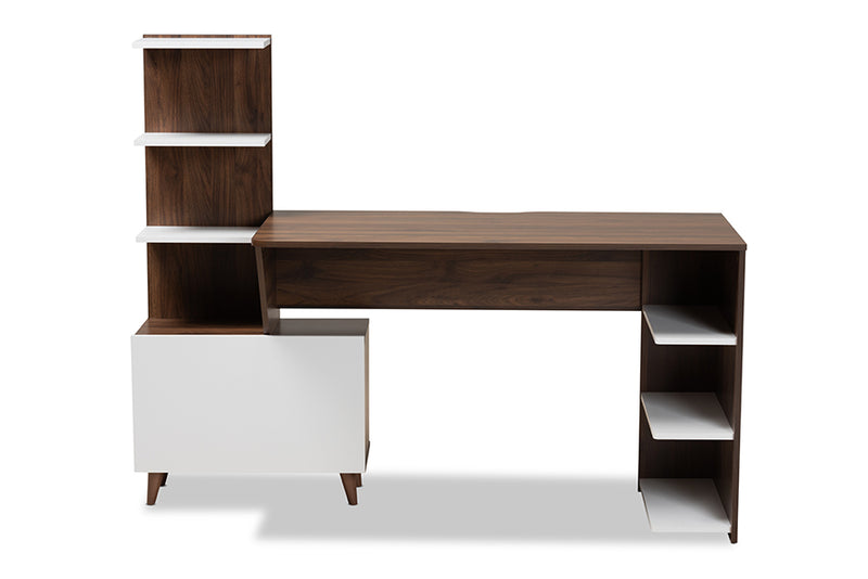 Kacela Mid-Century Modern Two-Tone White and Walnut Brown Finished Wood Storage Computer Desk w/Shelves