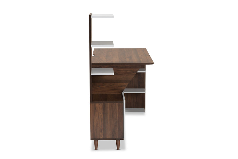 Kacela Mid-Century Modern Two-Tone White and Walnut Brown Finished Wood Storage Computer Desk w/Shelves