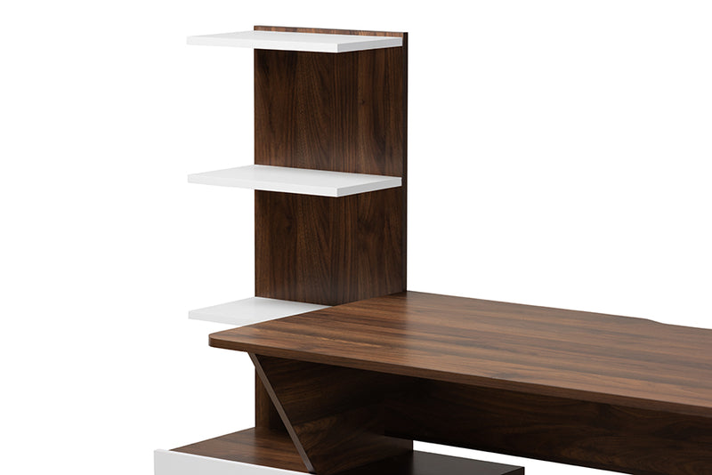 Kacela Mid-Century Modern Two-Tone White and Walnut Brown Finished Wood Storage Computer Desk w/Shelves