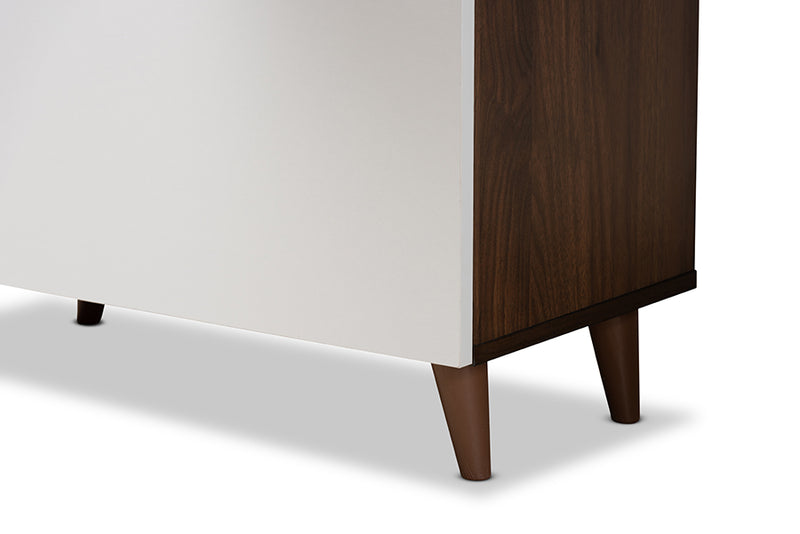 Kacela Mid-Century Modern Two-Tone White and Walnut Brown Finished Wood Storage Computer Desk w/Shelves