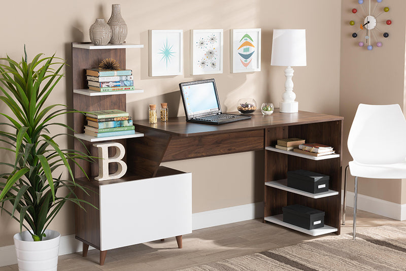 Kacela Mid-Century Modern Two-Tone White and Walnut Brown Finished Wood Storage Computer Desk w/Shelves