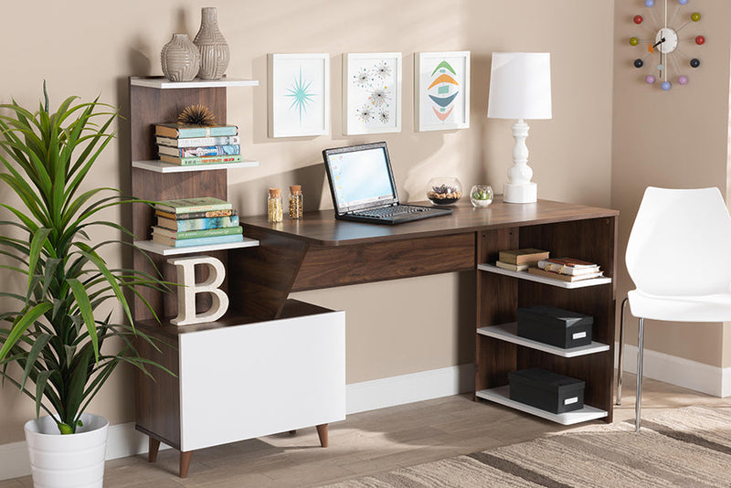 Kacela Two-Tone White and Walnut Brown Storage Computer Desk w/Shelves Baxton