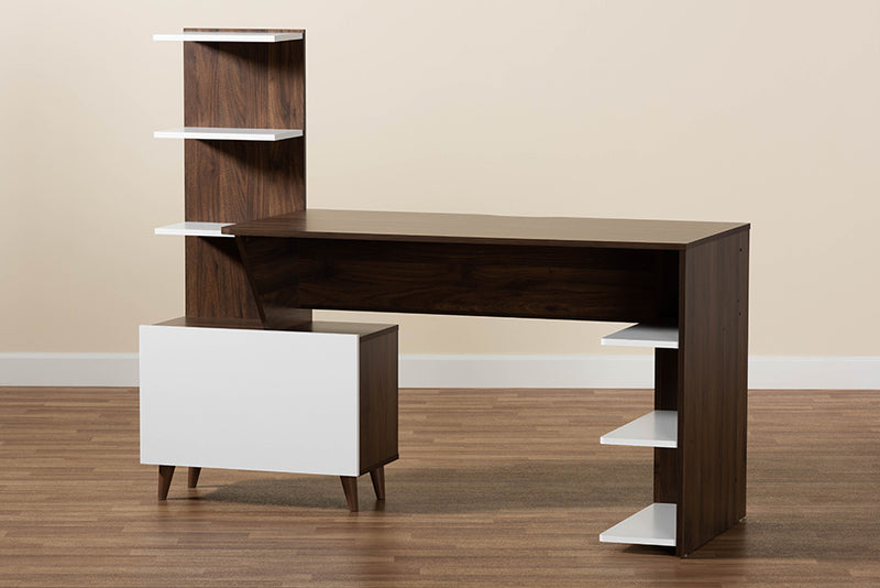 Kacela Mid-Century Modern Two-Tone White and Walnut Brown Finished Wood Storage Computer Desk w/Shelves